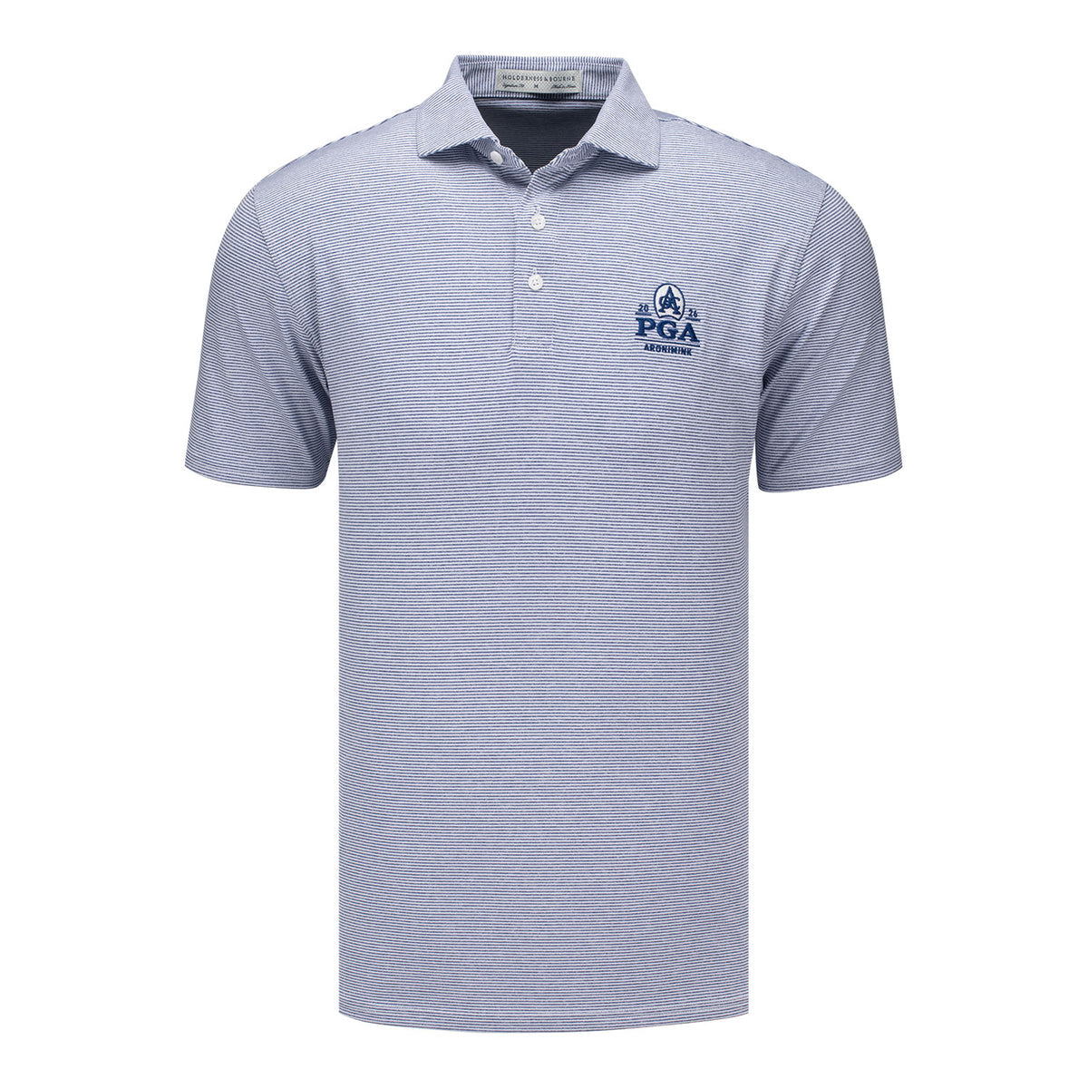 HOLDERNESS & BOURNE 2026 PGA CHAMPIONSHIP PERKINS STRIPE POLO IN HEATHERED ANDOVER AND WHITE