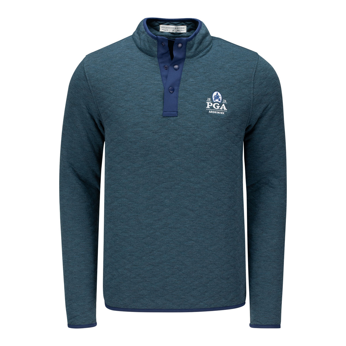 HOLDERNESS & BOURNE 2026 PGA CHAMPIONSHIP SULLIVAN QUILTED QUARTER SNAP IN HEATHERED DEEP TEAL AND NAVY