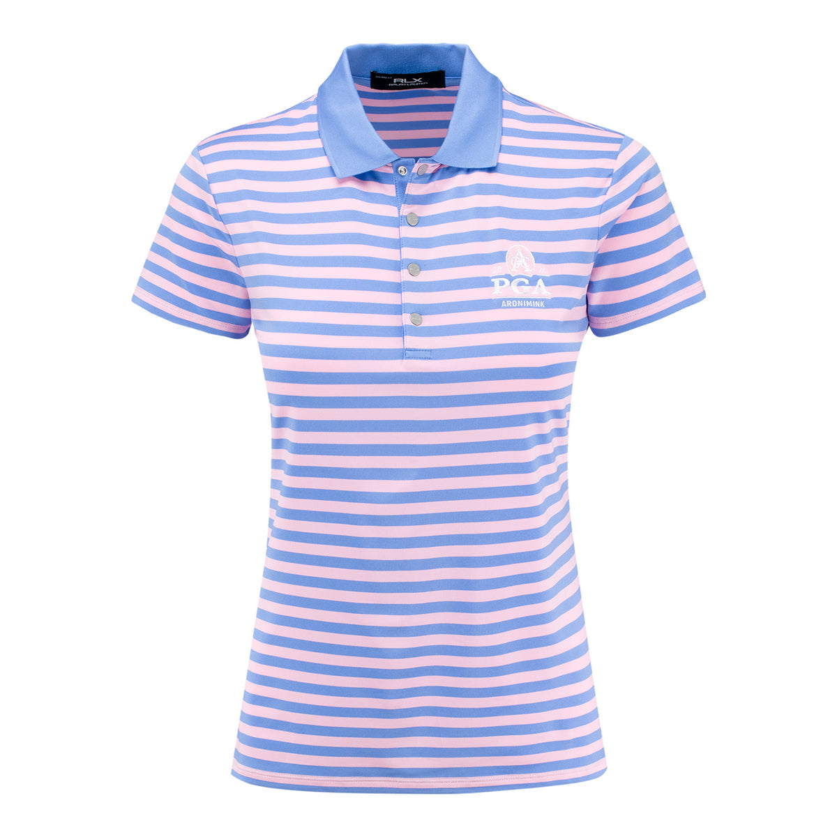 RALPH LAUREN 2026 PGA CHAMPIONSHIP WOMEN’S LIGHTWEIGHT AIRFLOW 4-SNAP PLACKET STRIPE POLO IN BLUE MIST AND LIGHT PINK