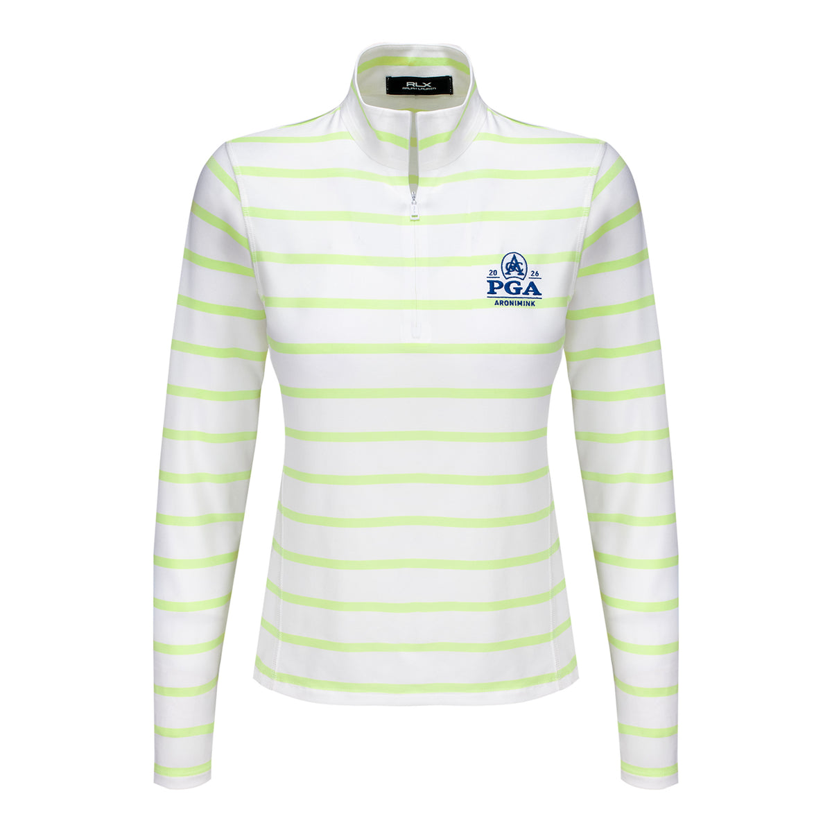 RALPH LAUREN 2026 PGA CHAMPIONSHIP WOMEN’S AIRFLOW QUARTER ZIP STRIPED MOCKNECK PULLOVER IN CERAMIC WHITE AND LIGHT LIME - PAG