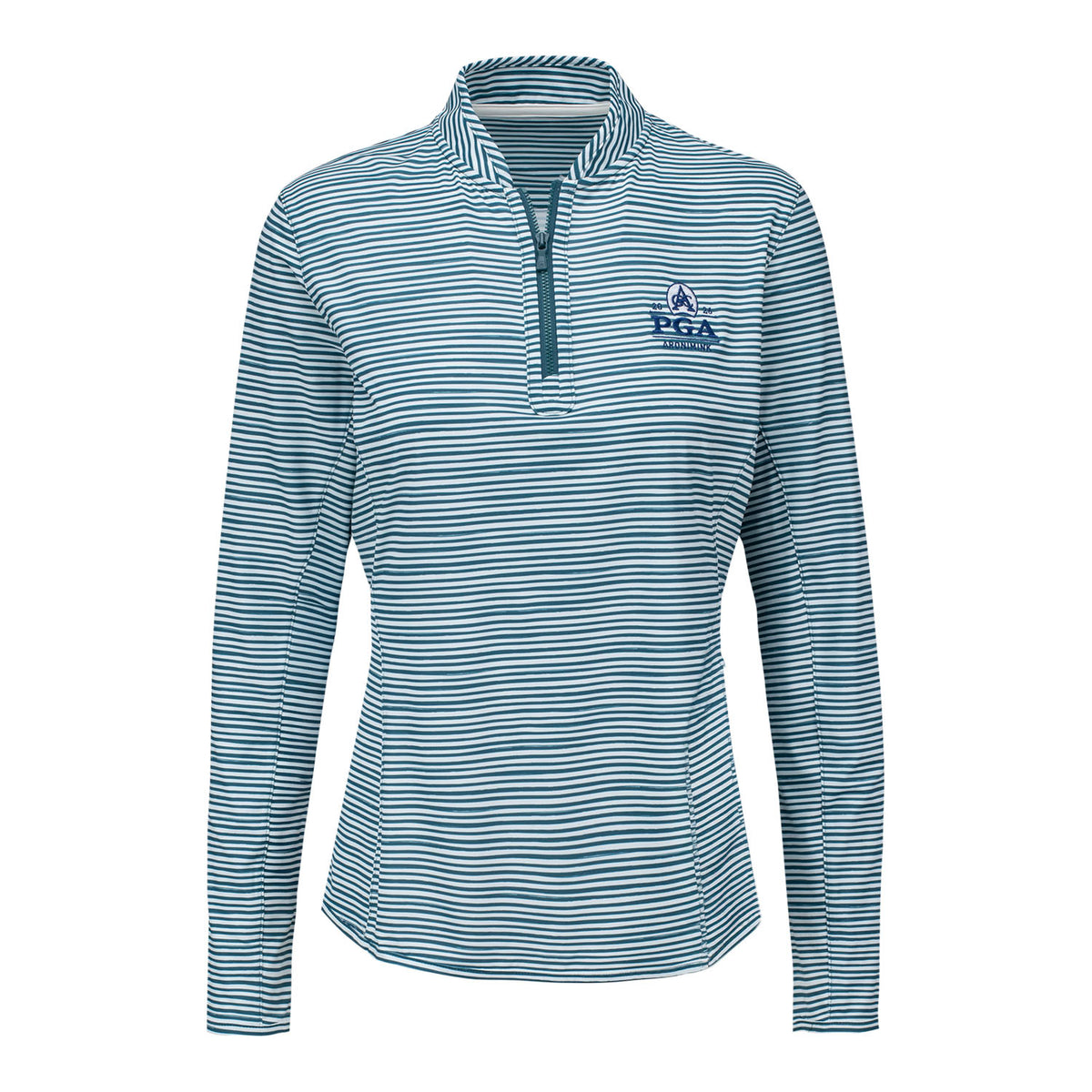 PETER MILLAR 2026 PGA CHAMPIONSHIP LADIES STRIPED QUARTER ZIP SUN SHIRT IN DEEP JADE - PAG